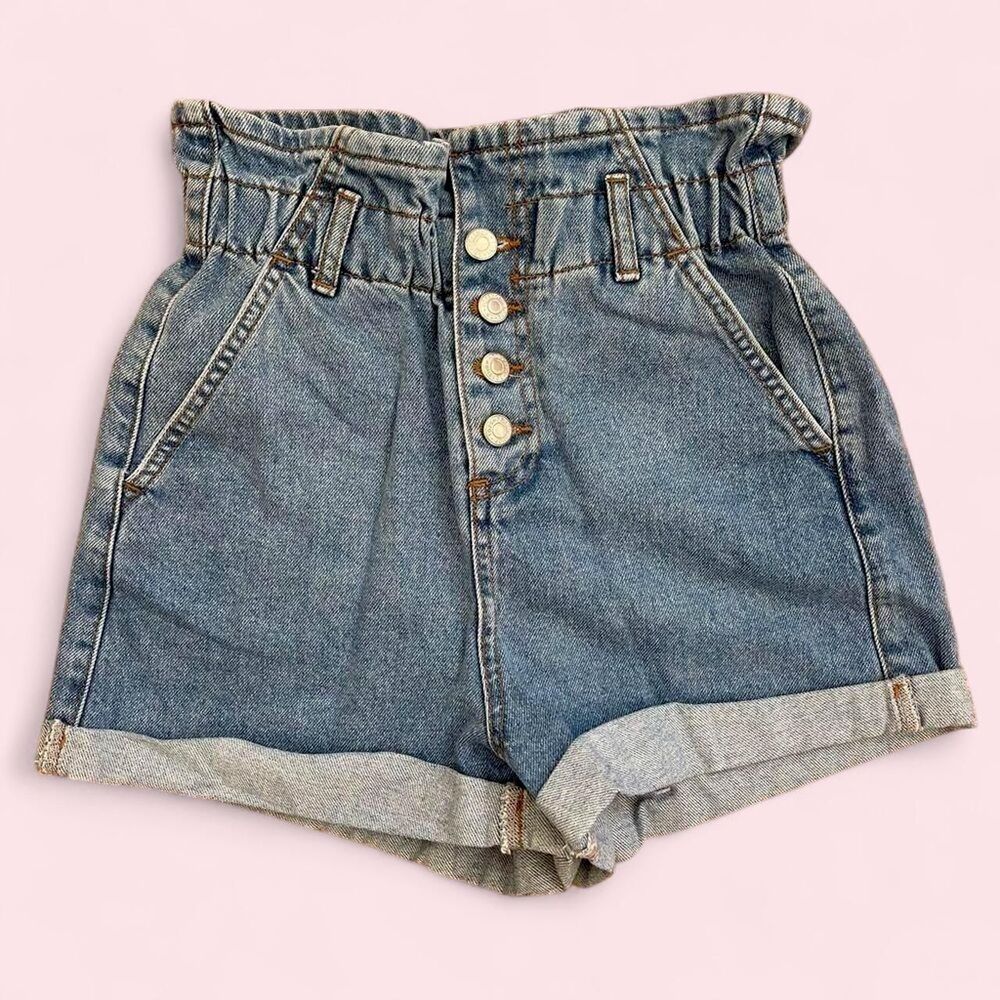 Topshop Paper Bag High Waisted Button Fly Denim Shorts Size 2